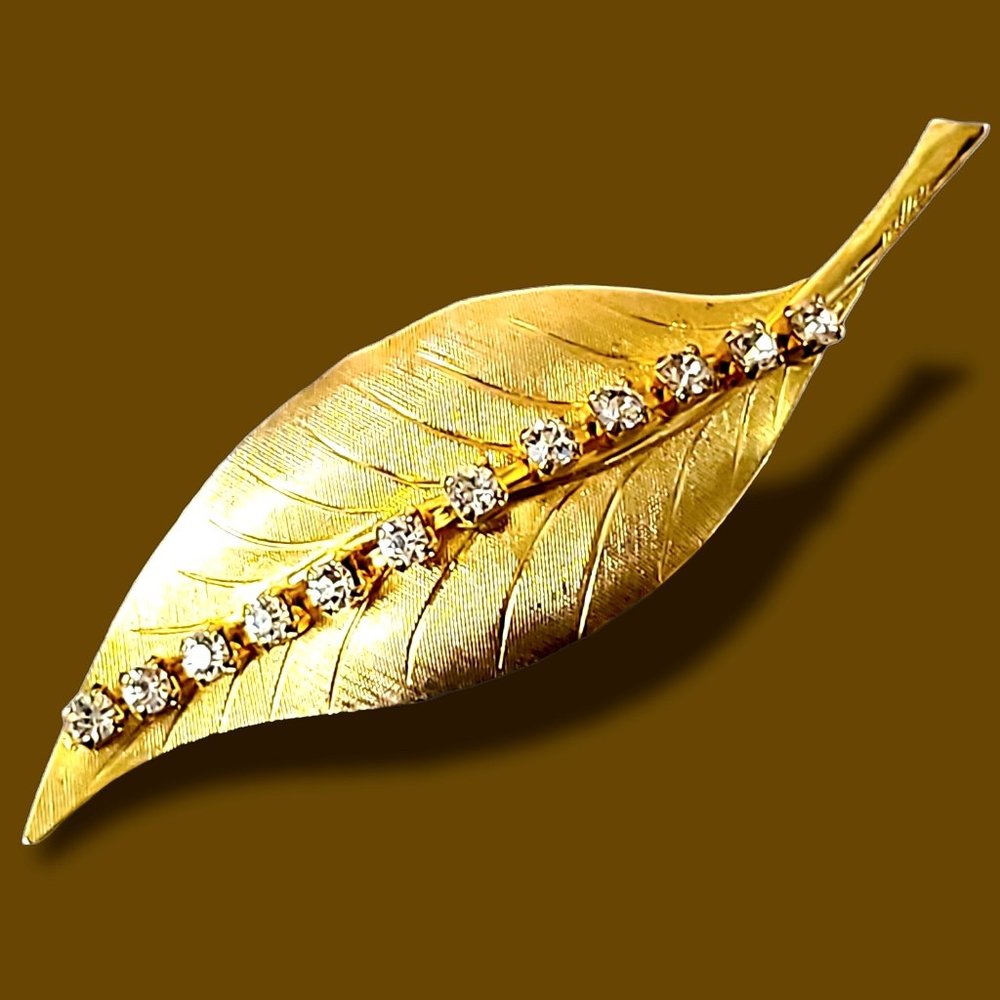 Vintage Hair Clip Gold Tone Leaf Crystal Diamonds